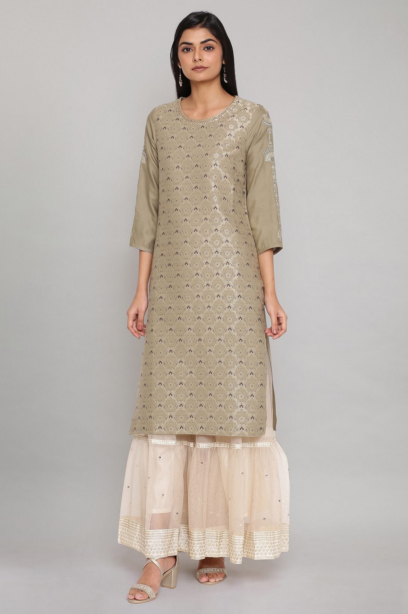 Sage Green Jacquard kurta with Embroidery