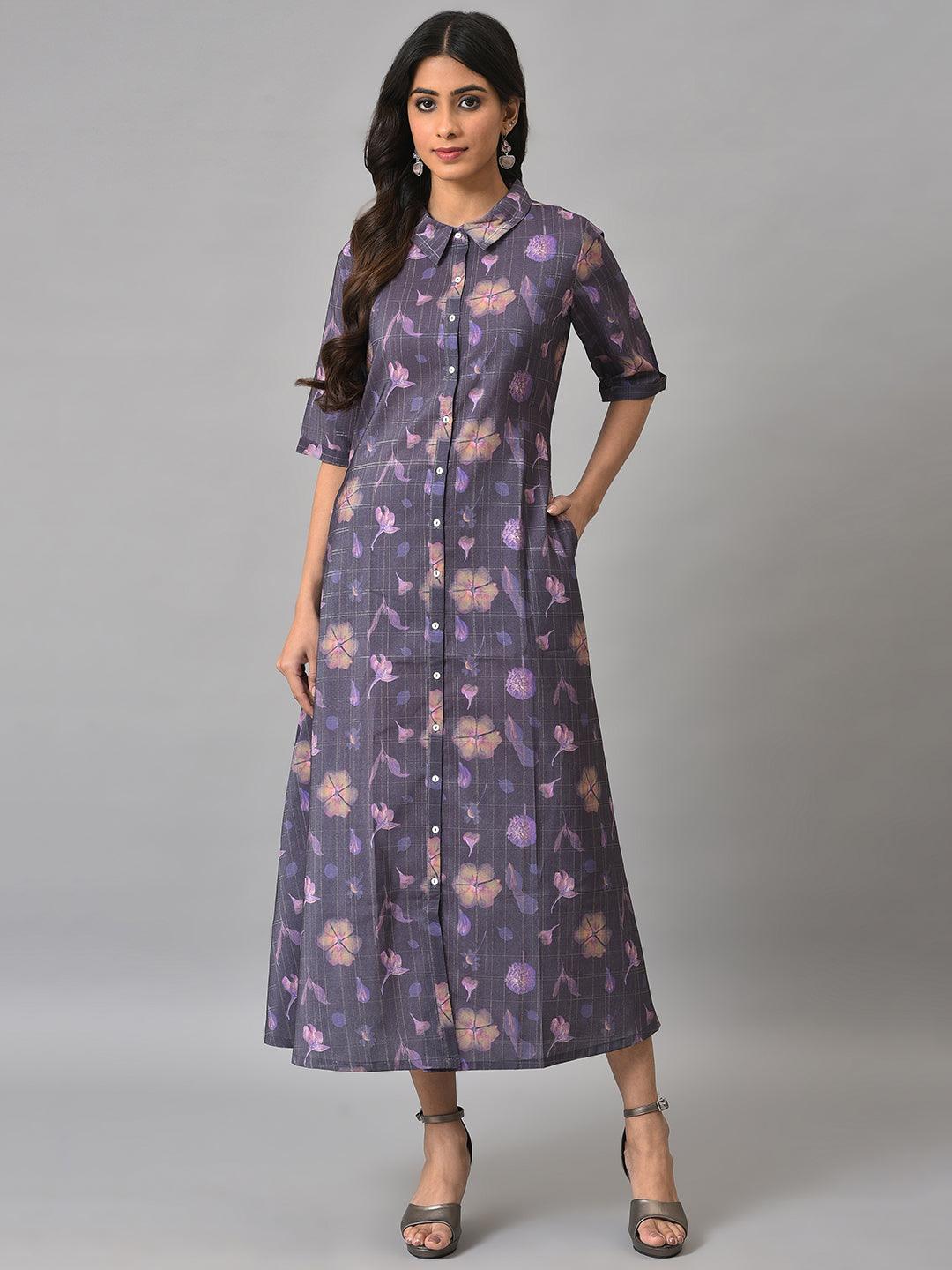 Purple Floral Printed Shirt Dress