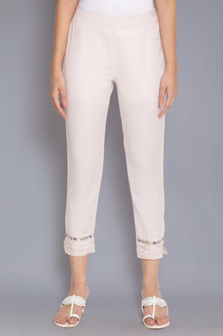 Beige Embroidered Slim Pants