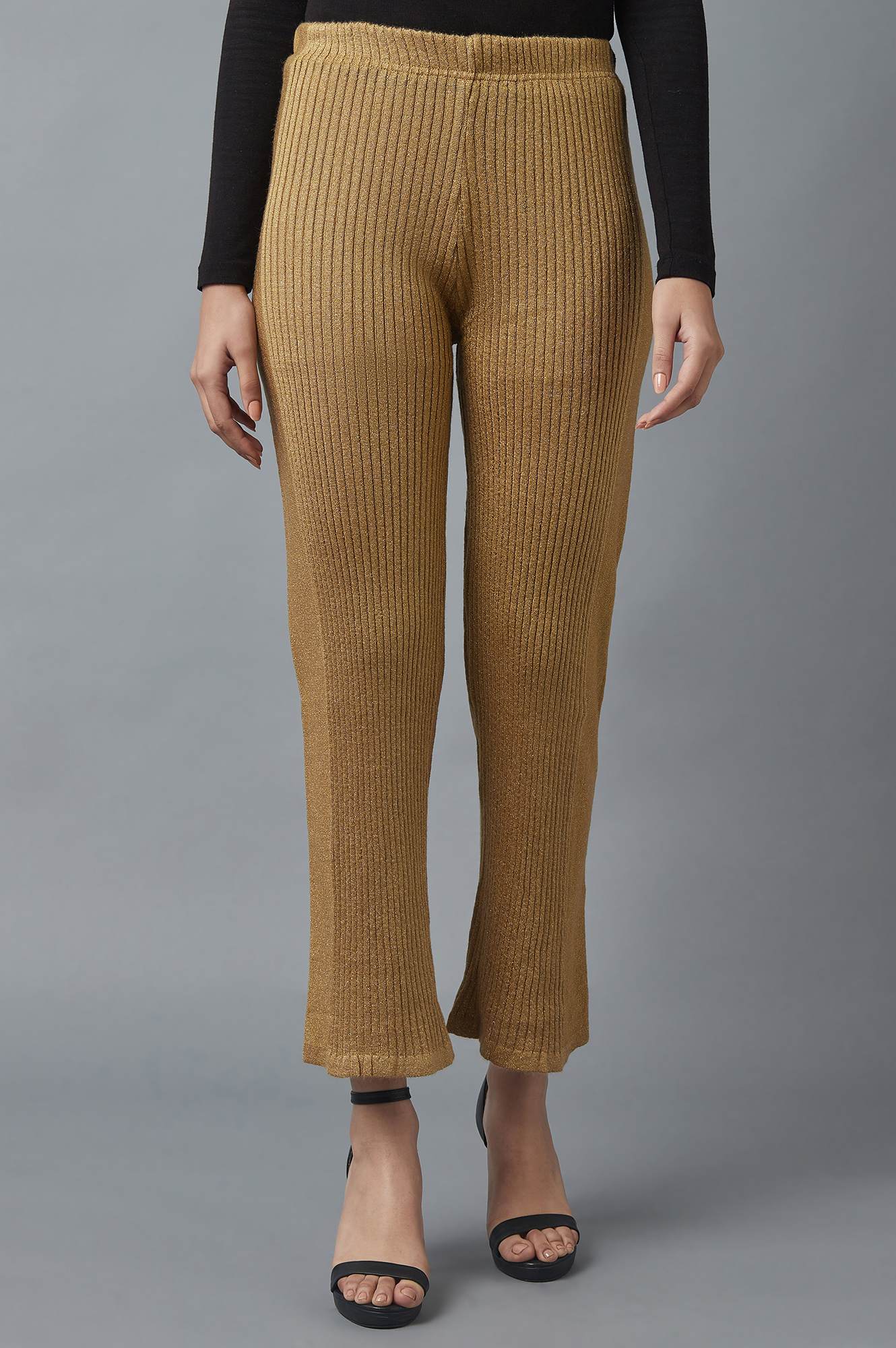 Beige Solid Boot-cut Knit Palazzo with Elasticated Waist