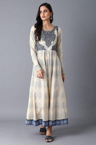 Ecru Printed Kalidar Dress