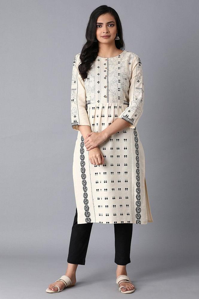 Ecru Printed Gathered kurta