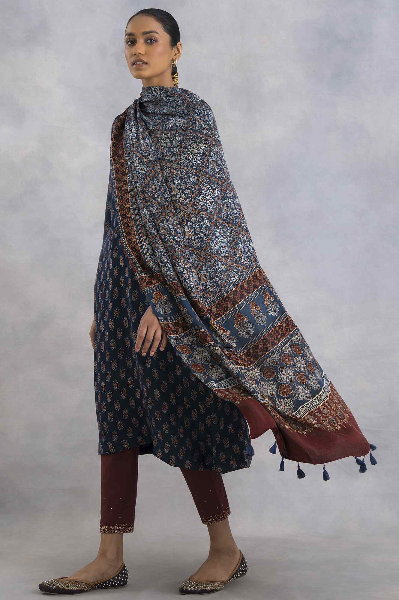 Blue Floral Printed Tassel Modal Satin Dupatta