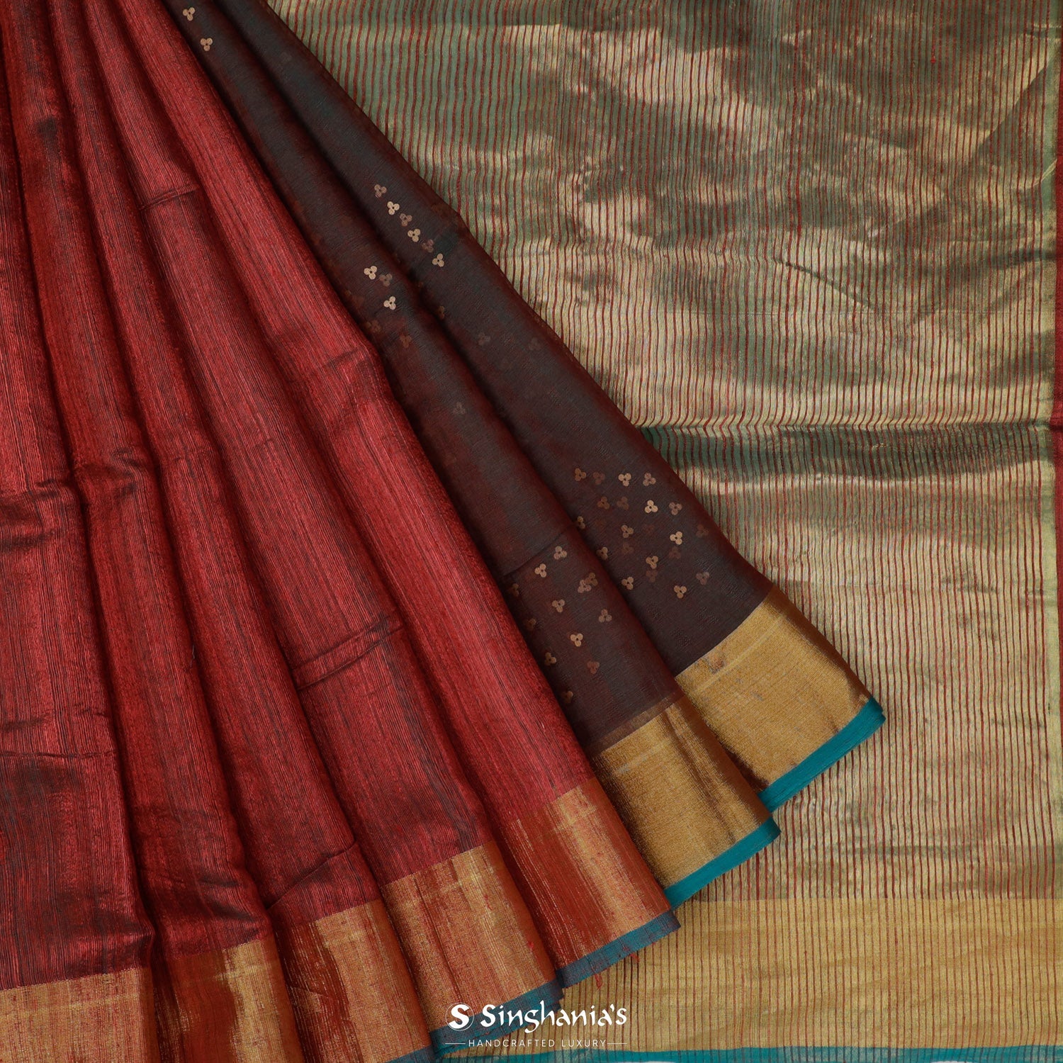 Dark Coral Matka Silk Saree With Sequin Buttis