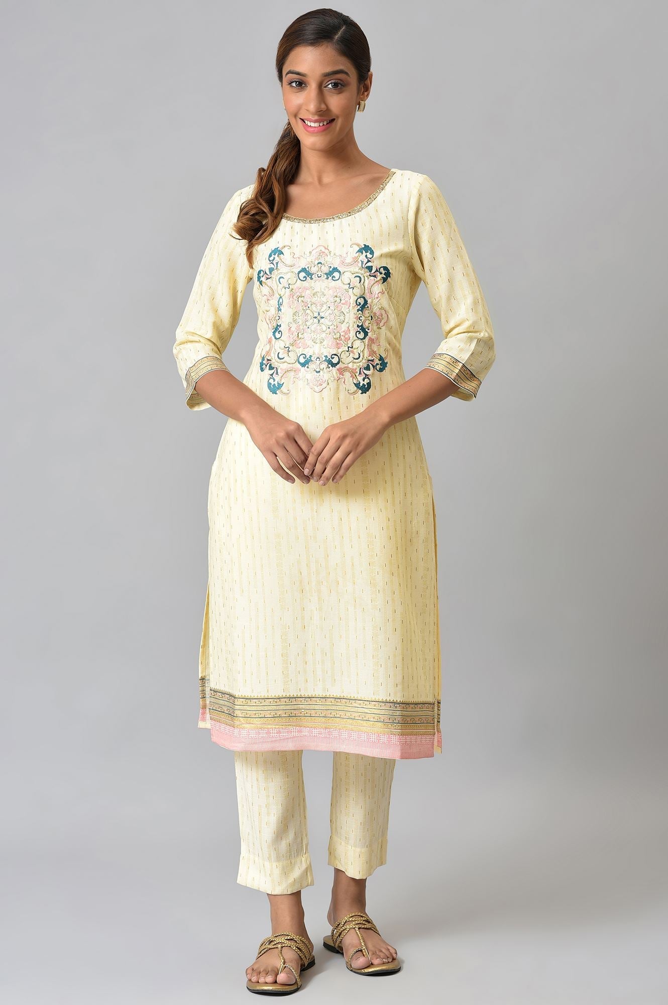 Beige Viscose Embroidered kurta