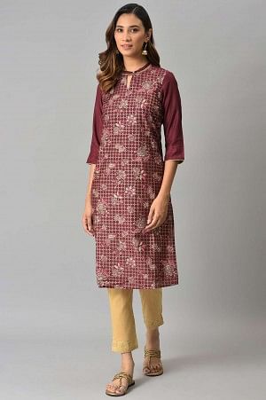 Brown Floral Printed Sequined Ethnic kurta