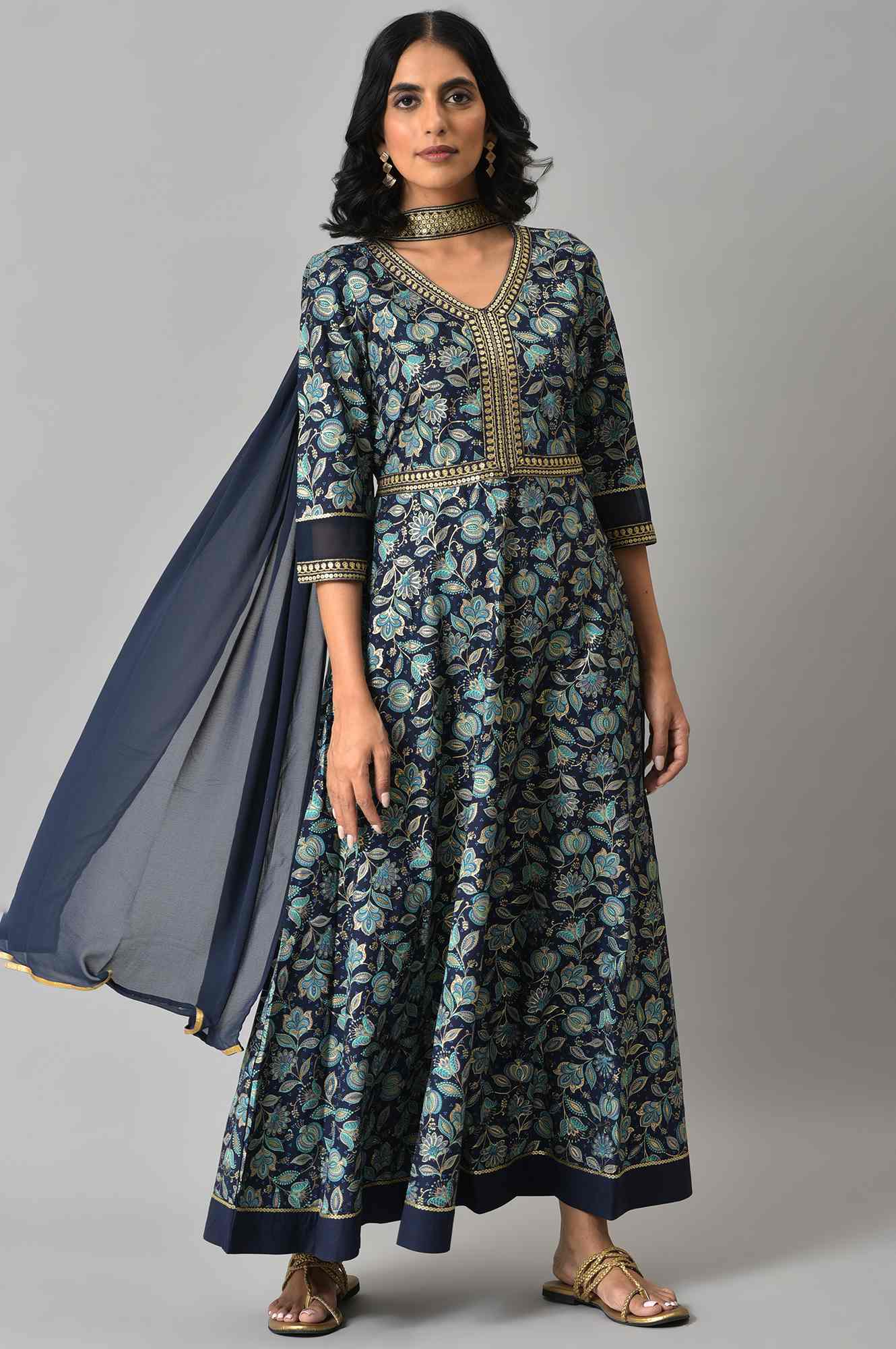 Blue Floral Printed with Zari Embroidery Liva Dress and Dupatta Set
