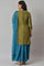 Olive Green Embroidered kurta With Teal Flared Pants And Dupatta