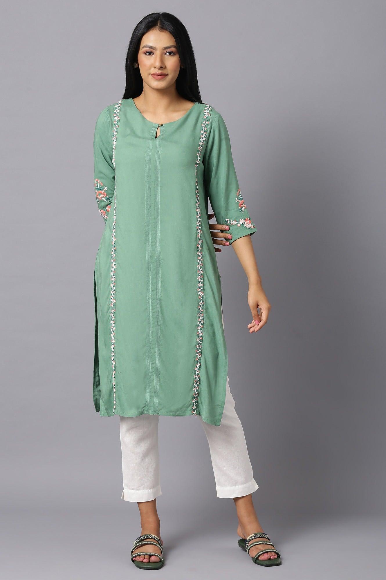 Green Rayon kurta With Multicolour Embroidery