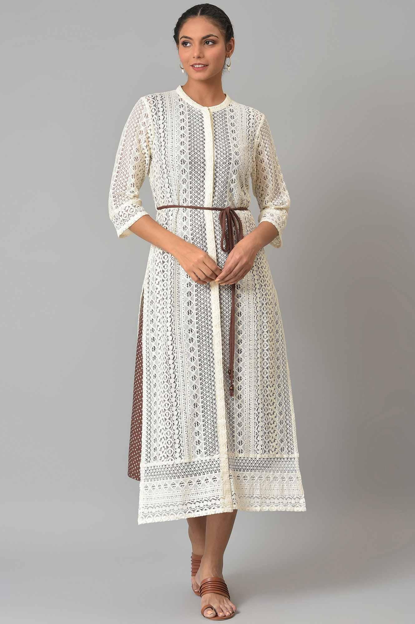 Ecru Crochet Jacket With A-Line Brown kurta