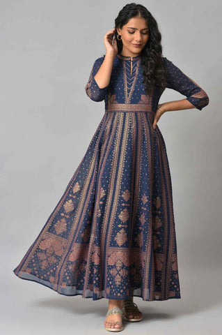 Dark Blue Gold Foil Printed Georgette Dress