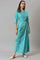 Teal Insta Saree Dress With Embroidered Belt