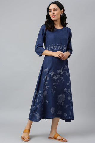 Dark Blue Floral kurta With Kantha Details