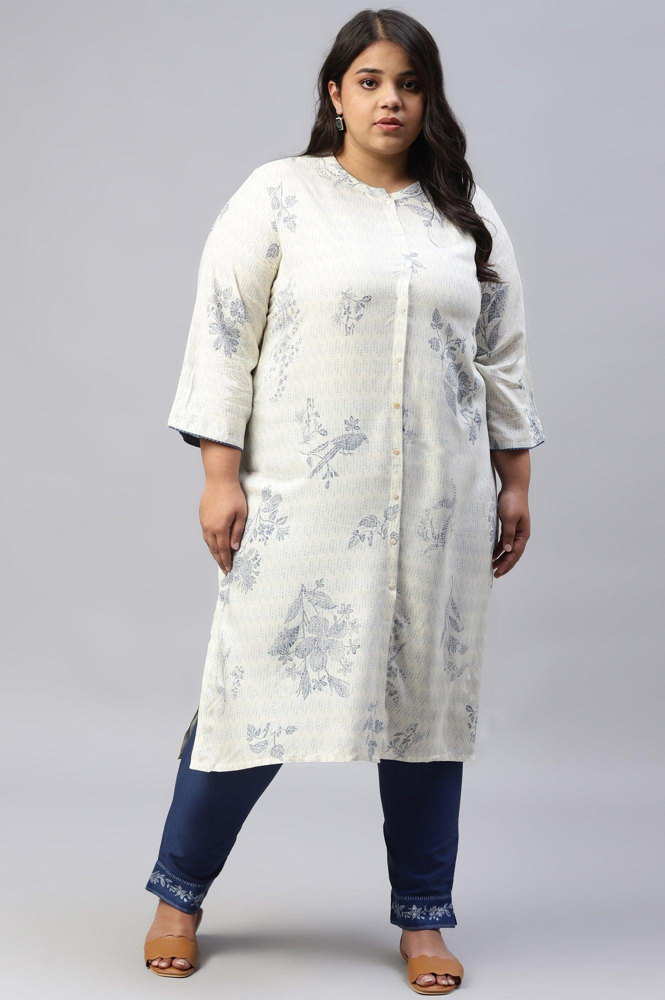 Plus Size Ecru And Blue Button Down kurta