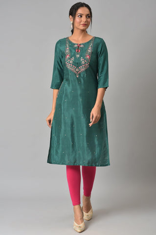 Green Glitter Printed Embroidered kurta