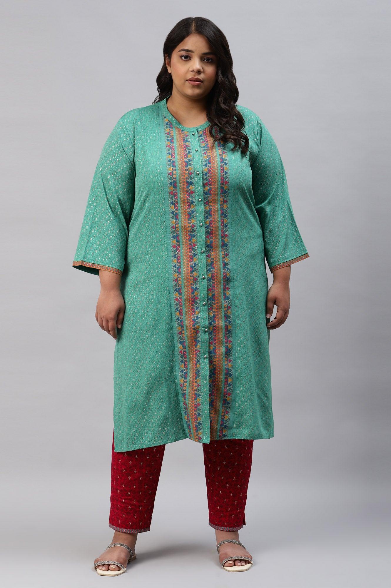 Pop Green Printed Festive Full Placket Plus Size kurta