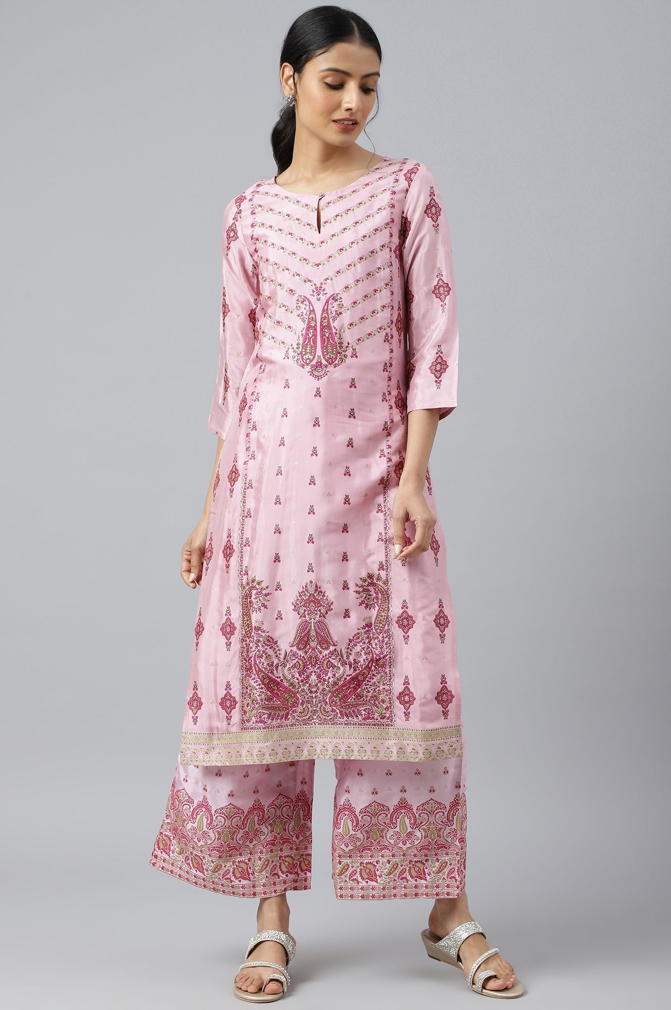 Pink Glitter Printed Shantung kurta