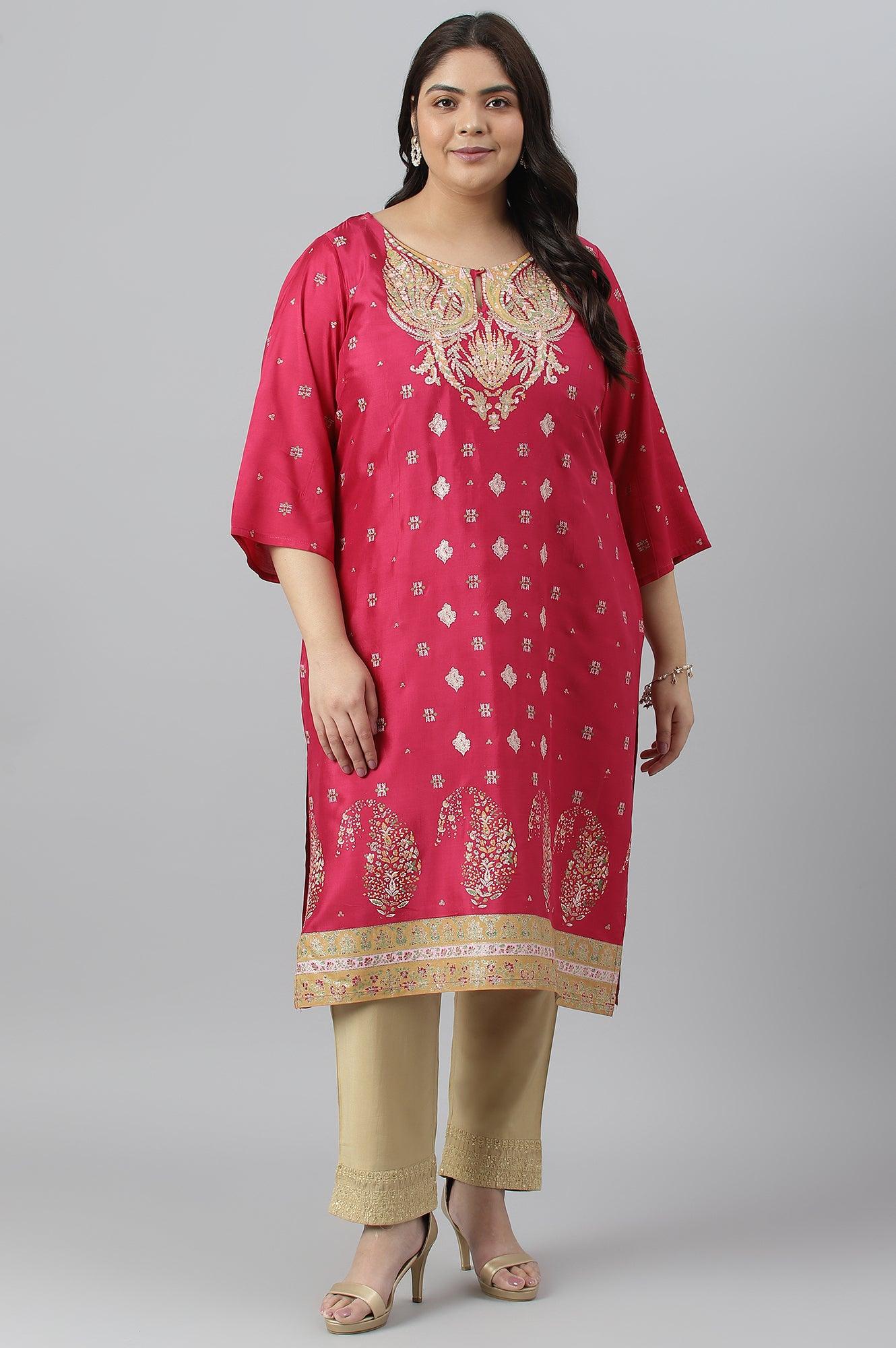 Plus Size Dark Pink Glitter Placement Print kurta