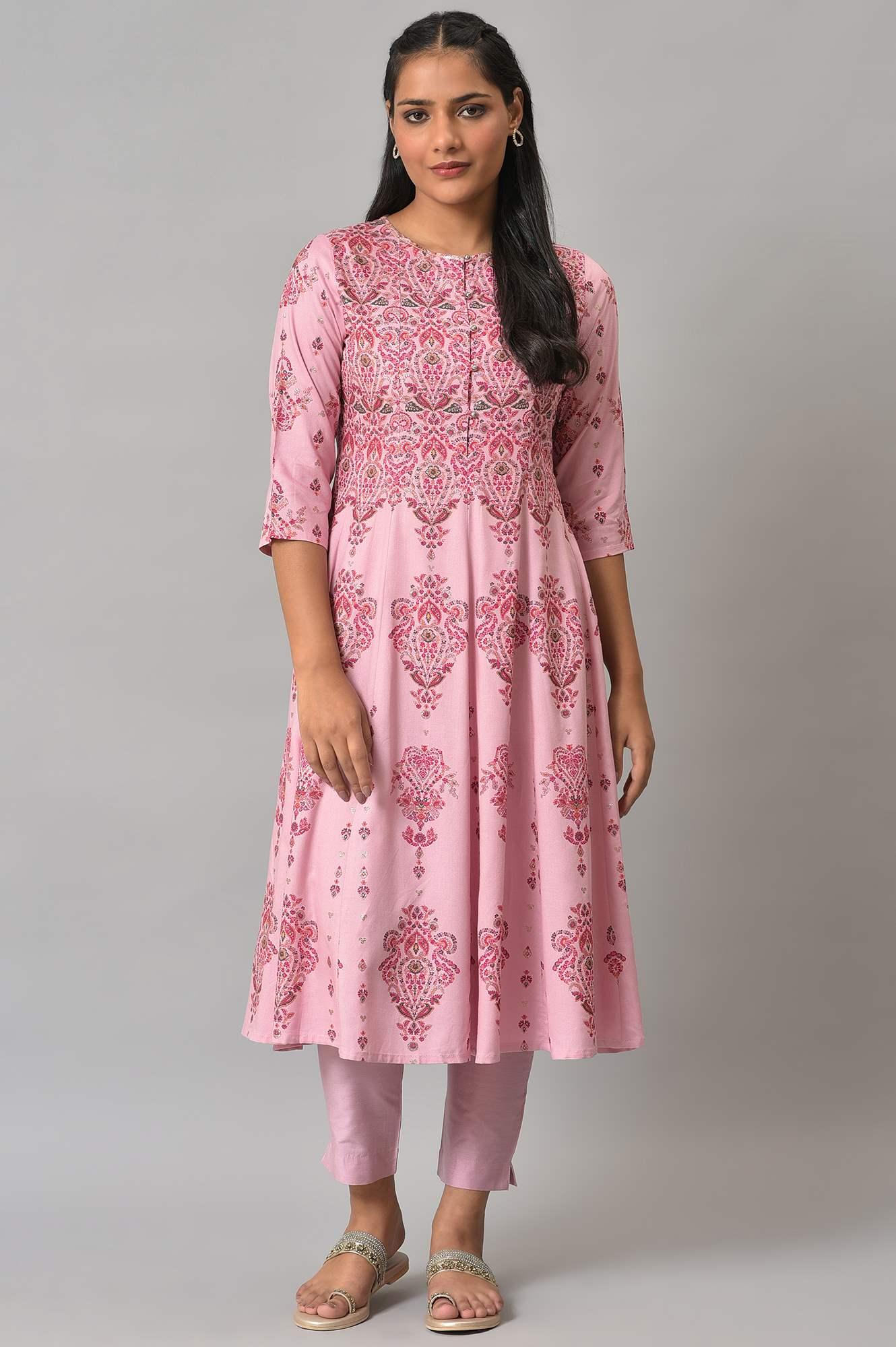 Pink Floral Print kurta With Sequins