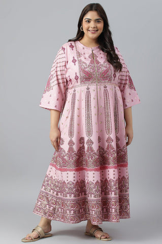 Plus Size Cameo Pink Floral Printed Festive Dress