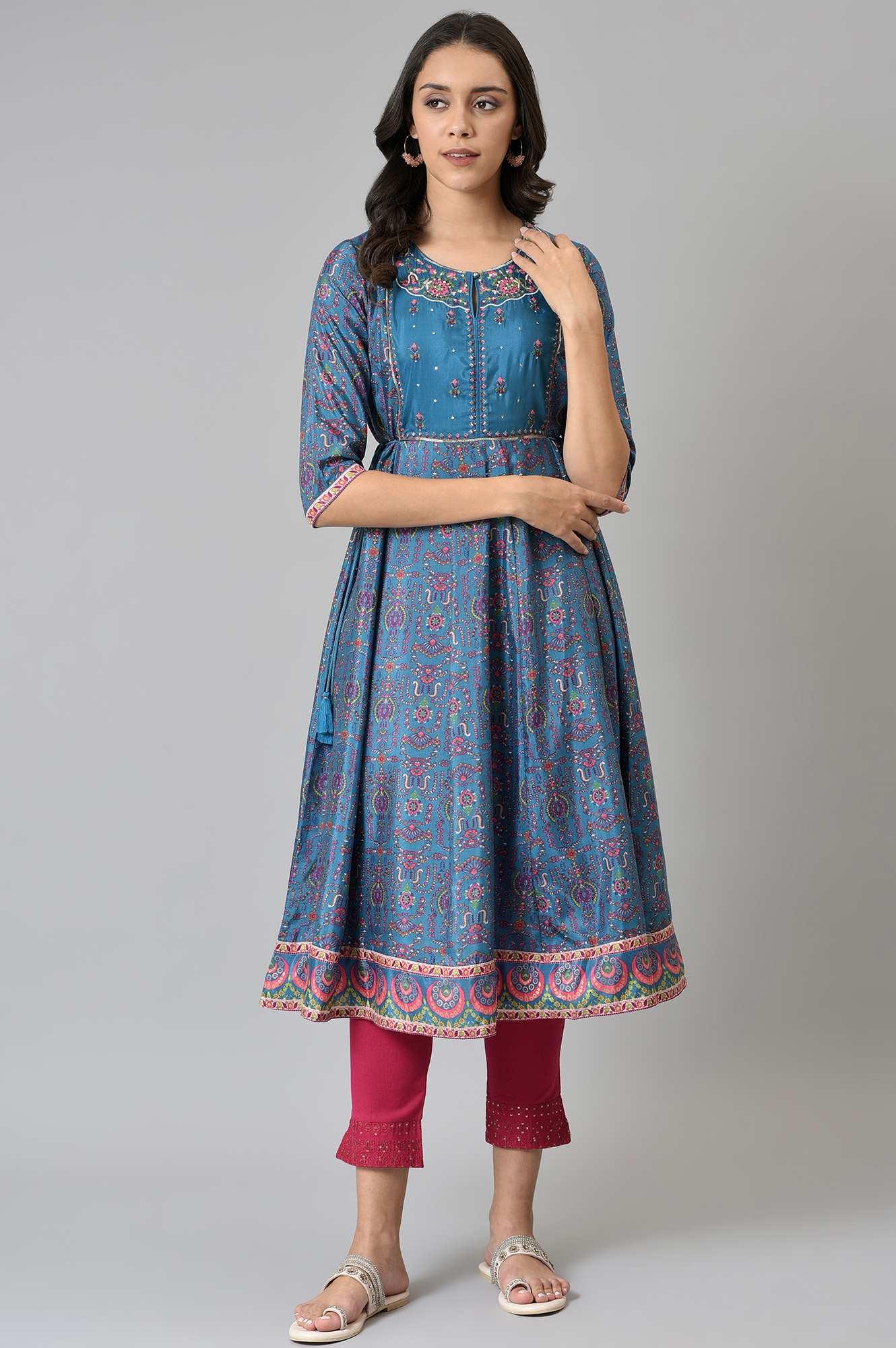 Deep Blue Printed And Embroidered kurta