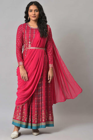 Dark Pink Glitter Printed Insta Saree Dress