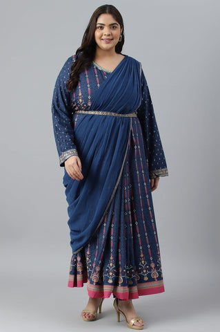 Dark Blue Glitter Printed Festive Plus Size Insta Saree Dress