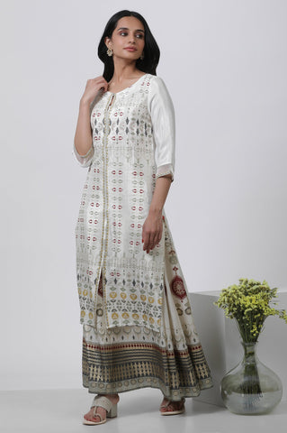 White Glitter Printed Kurta And Skirt Set