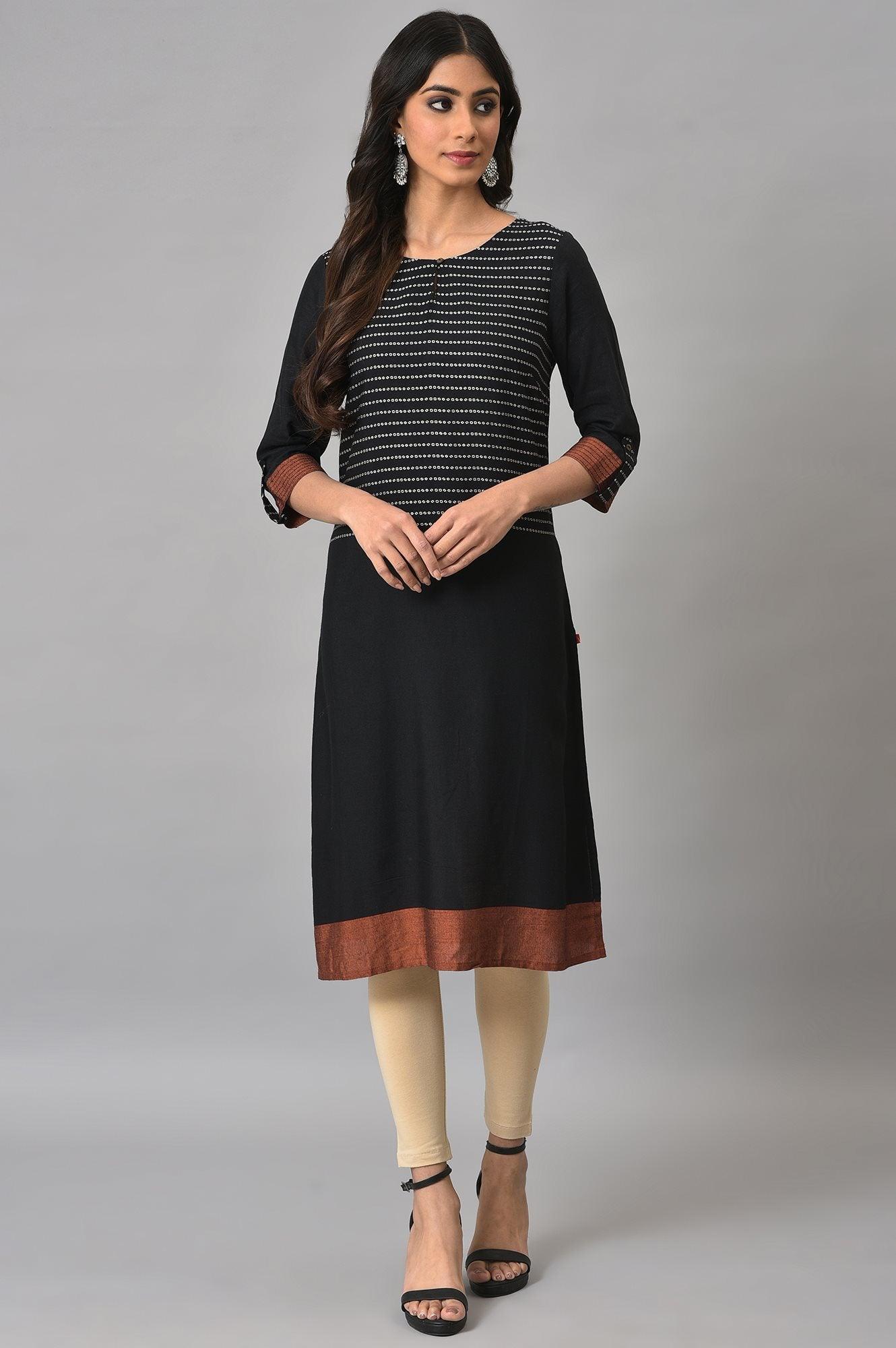 Black Dobby kurta With Biege Tights