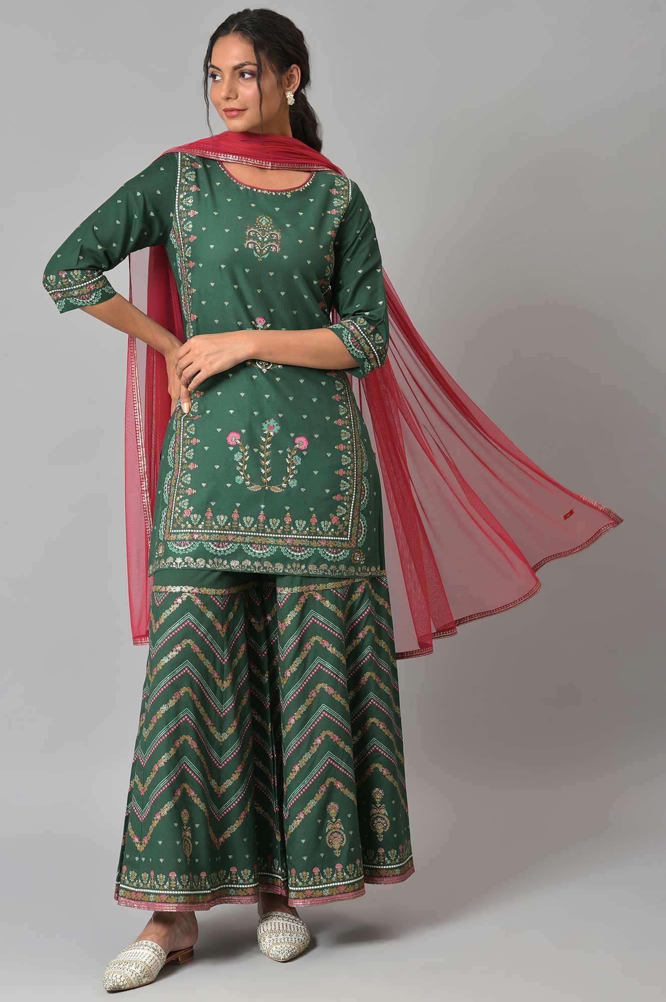 Dark Green Glitter Floral Printed kurta With Sharara Pants And Pink Dupatta