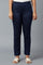 Navy Blue Solid Straight Fit Trousers With Elasticated Waist