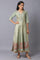 Light Green Floral Printed Long Flared Dress