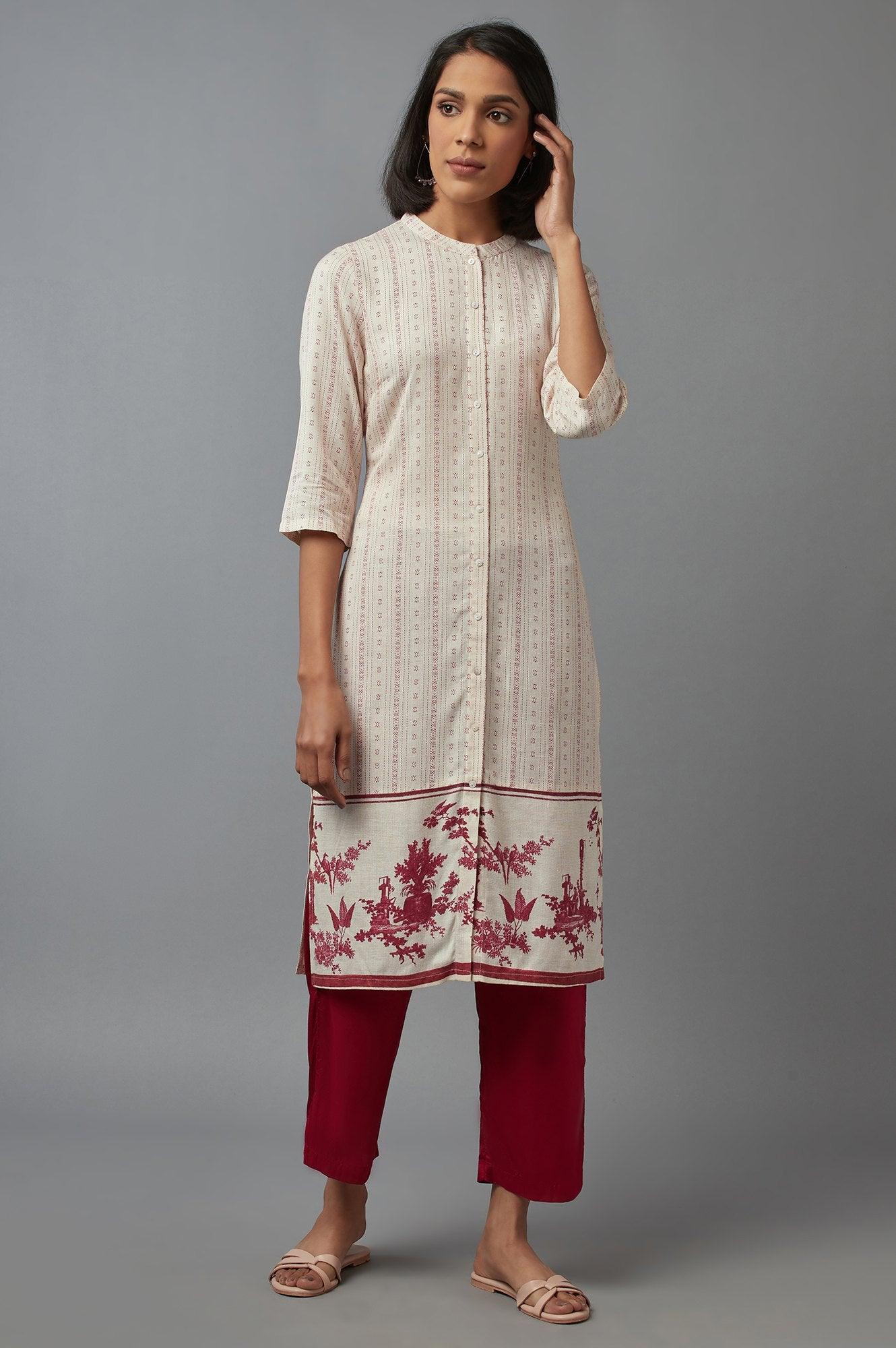 Ecru and Red Floral Print kurta