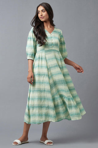 Ecru Gathered Ikat Print Dress In V-Neck