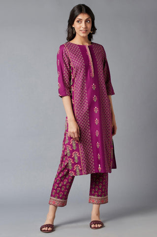 Dark Purple Floral Print kurta With Thread Embroidery