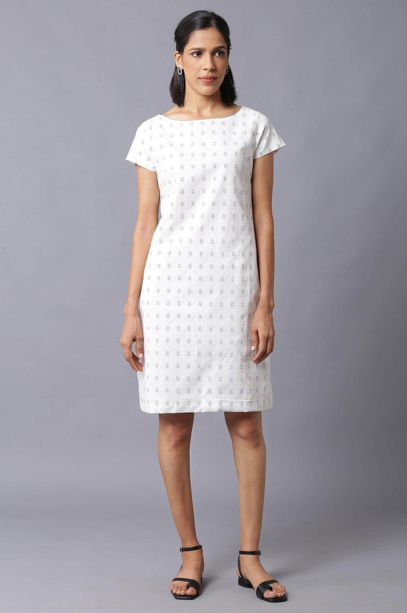 Ecru Solid Cotton Dobby Textured Dress In Round Neck