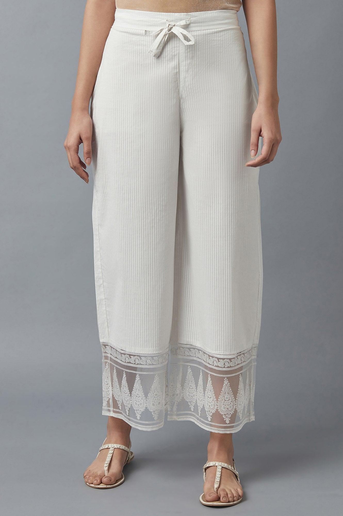 Ecru Parallel Pants with Floral Motifs