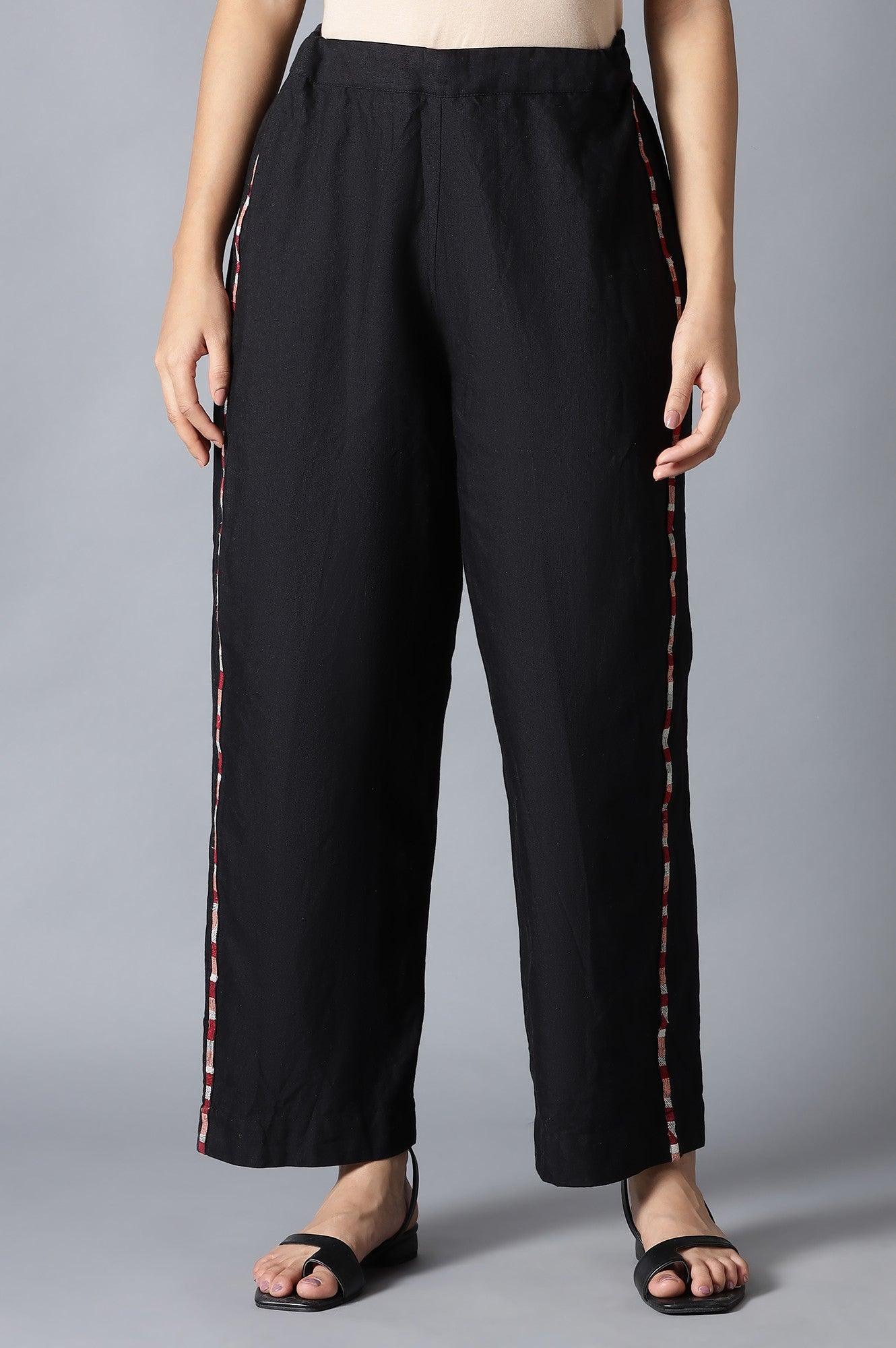 Black Solid Parallel Pants with Embroidery