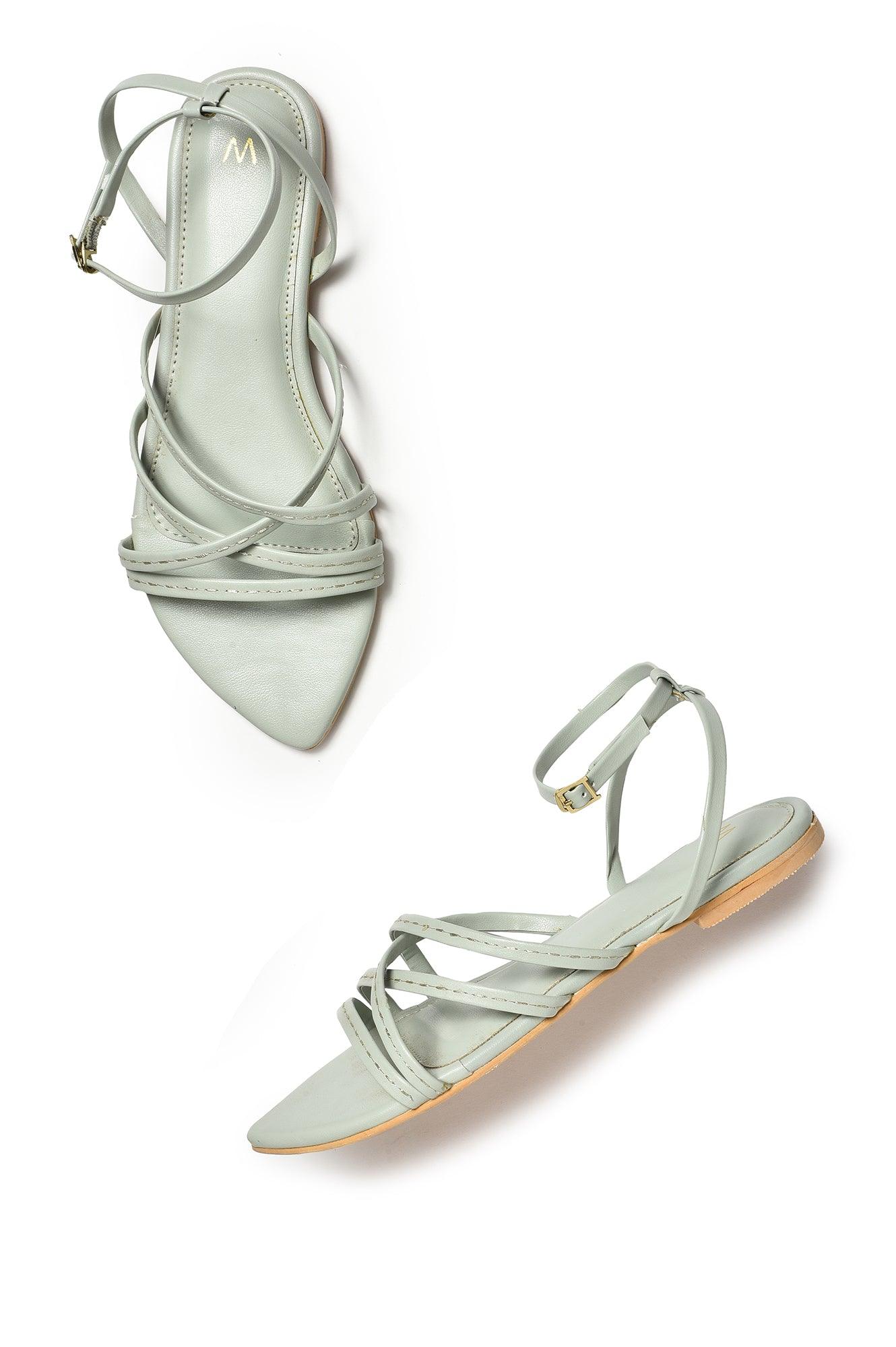 W Embroidered Pastel Green Pointed Toe Flat