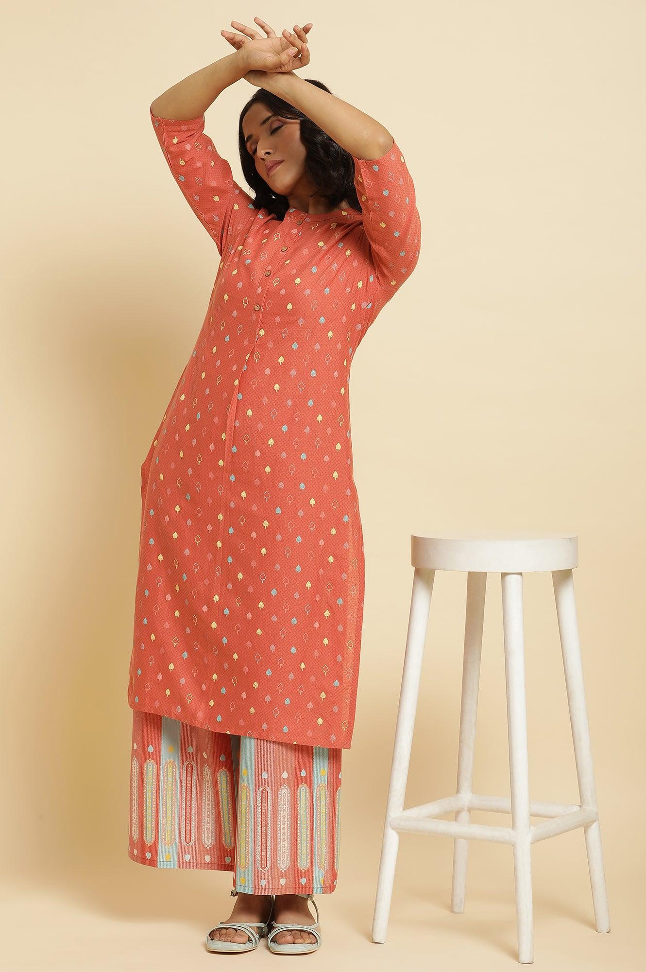 Orange Printed Kurta & Parallel Pants Set