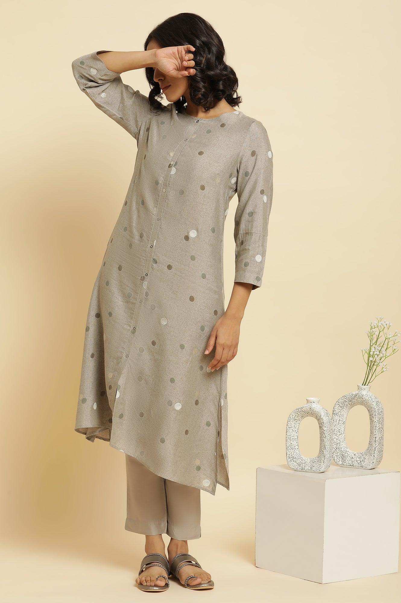 Smoke Grey A-Line Printed Kurta & Pants Set