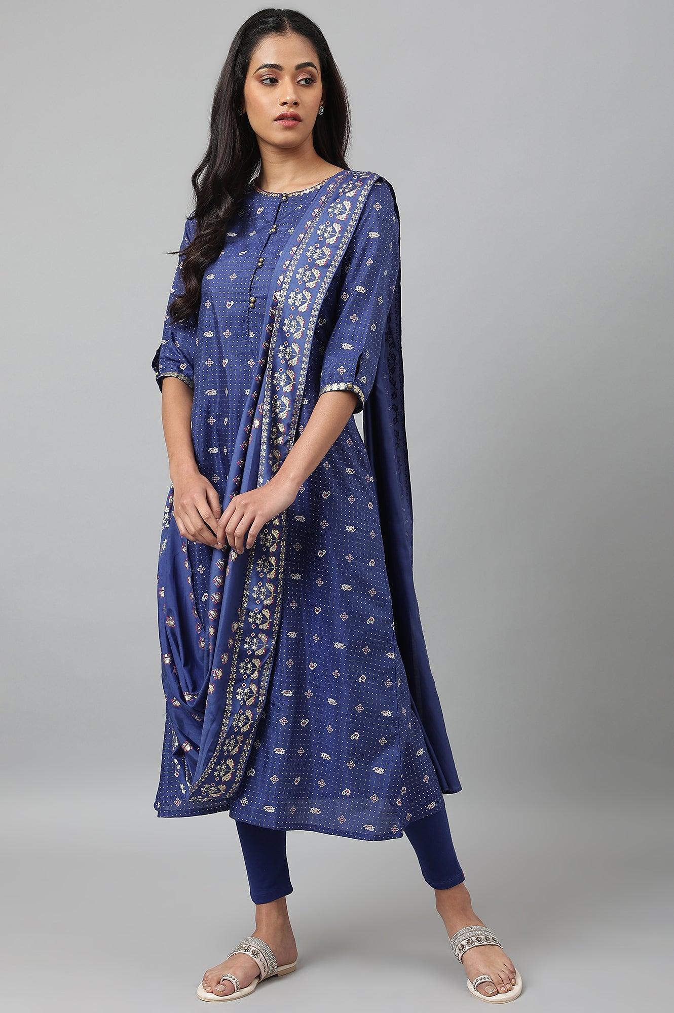 Navy Blue Printed Draped A-Line kurta With Tights