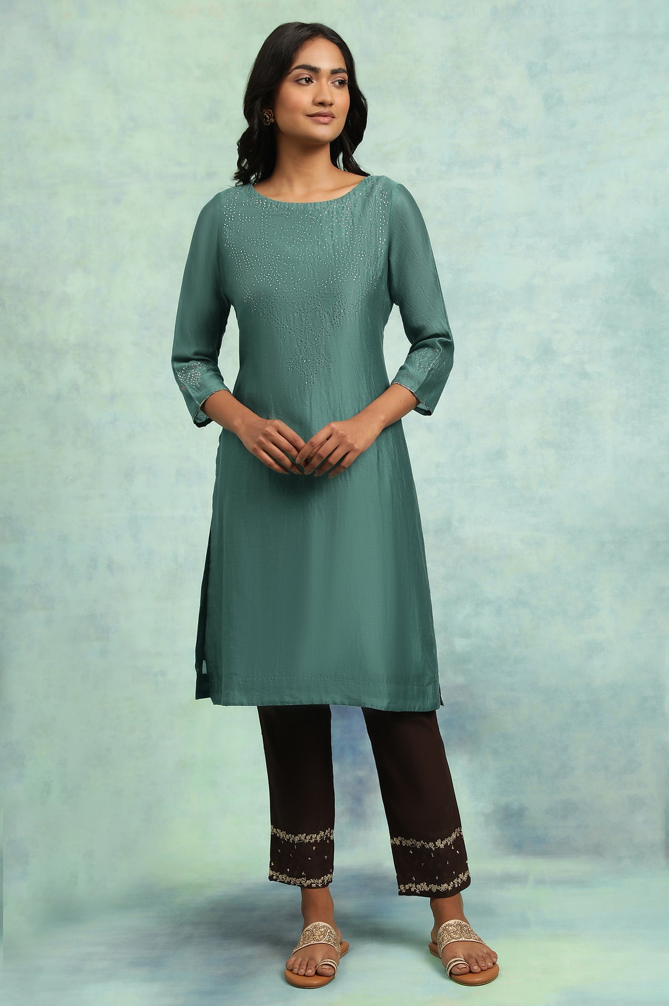 Teal Blue Cotton Silk Mukaish kurta