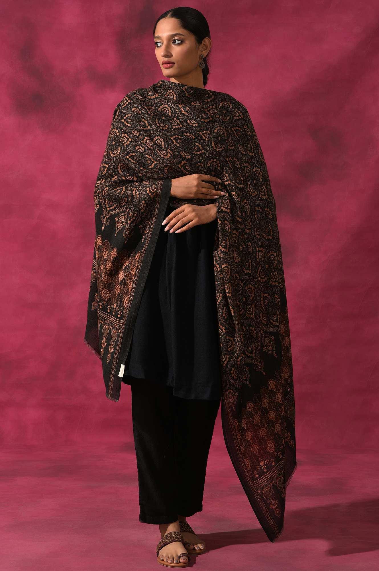 Dark Red Woollen Printed Shawl