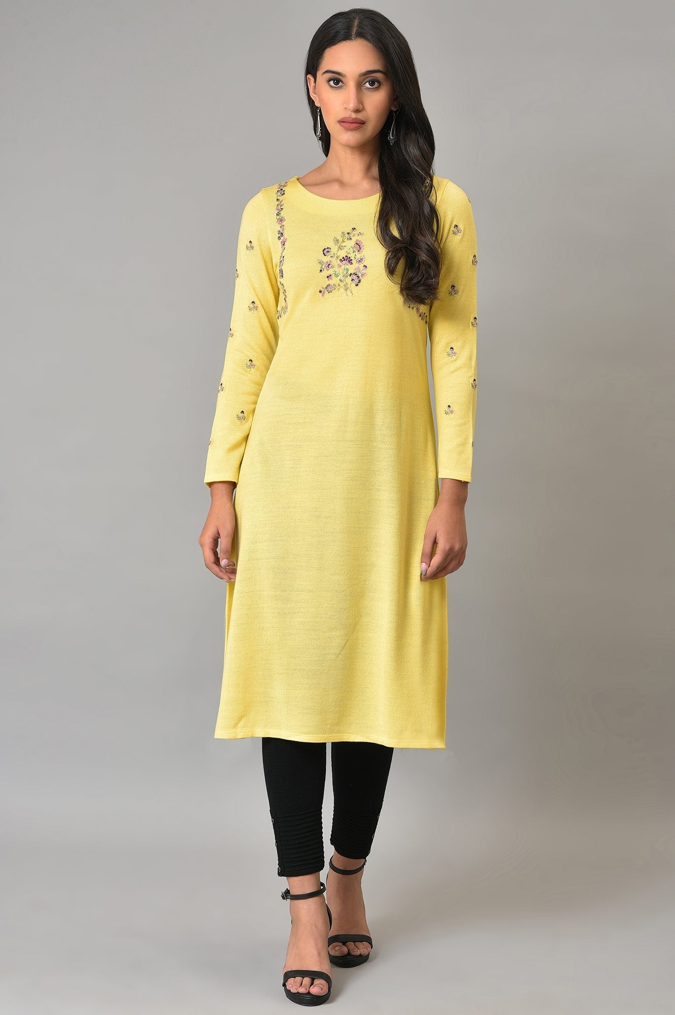 Yellow Multi-Coloured Embroidery Winter kurta