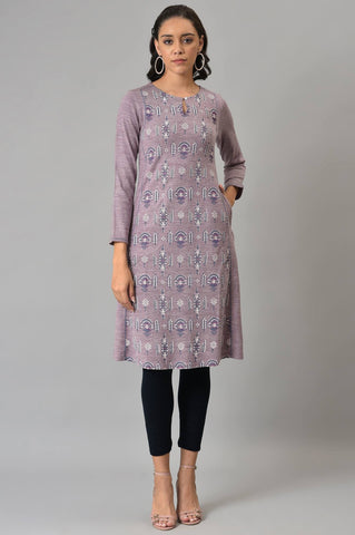 Purple A-Line Floral Printed Winter kurta