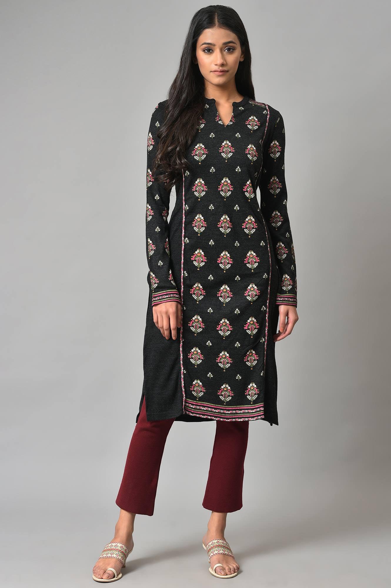 Black Floral Printed Winter kurta