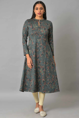 Teal Blue Flared Winter kurta