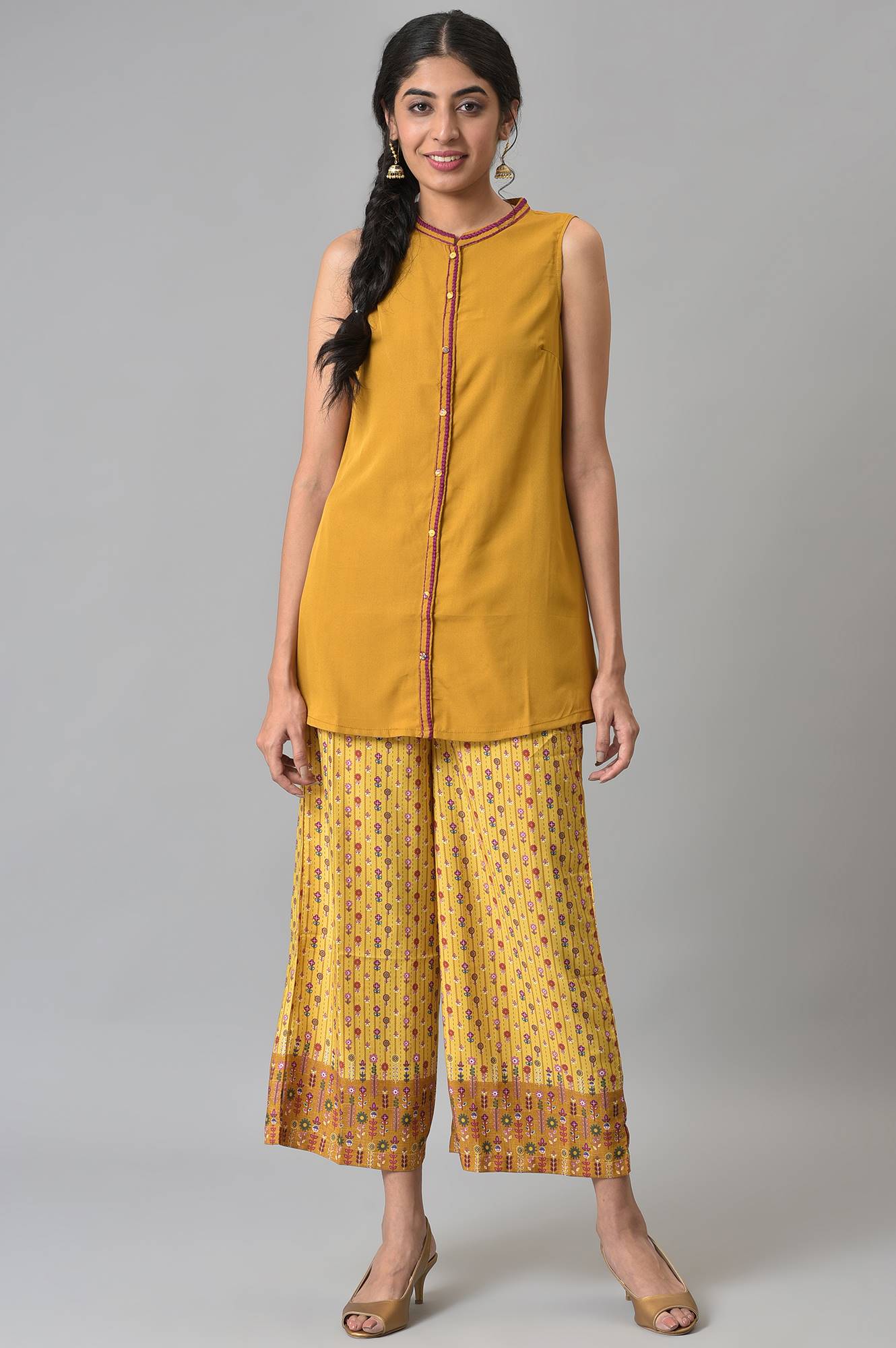 Brown Sleeveless Short kurta With Printed Palazzo