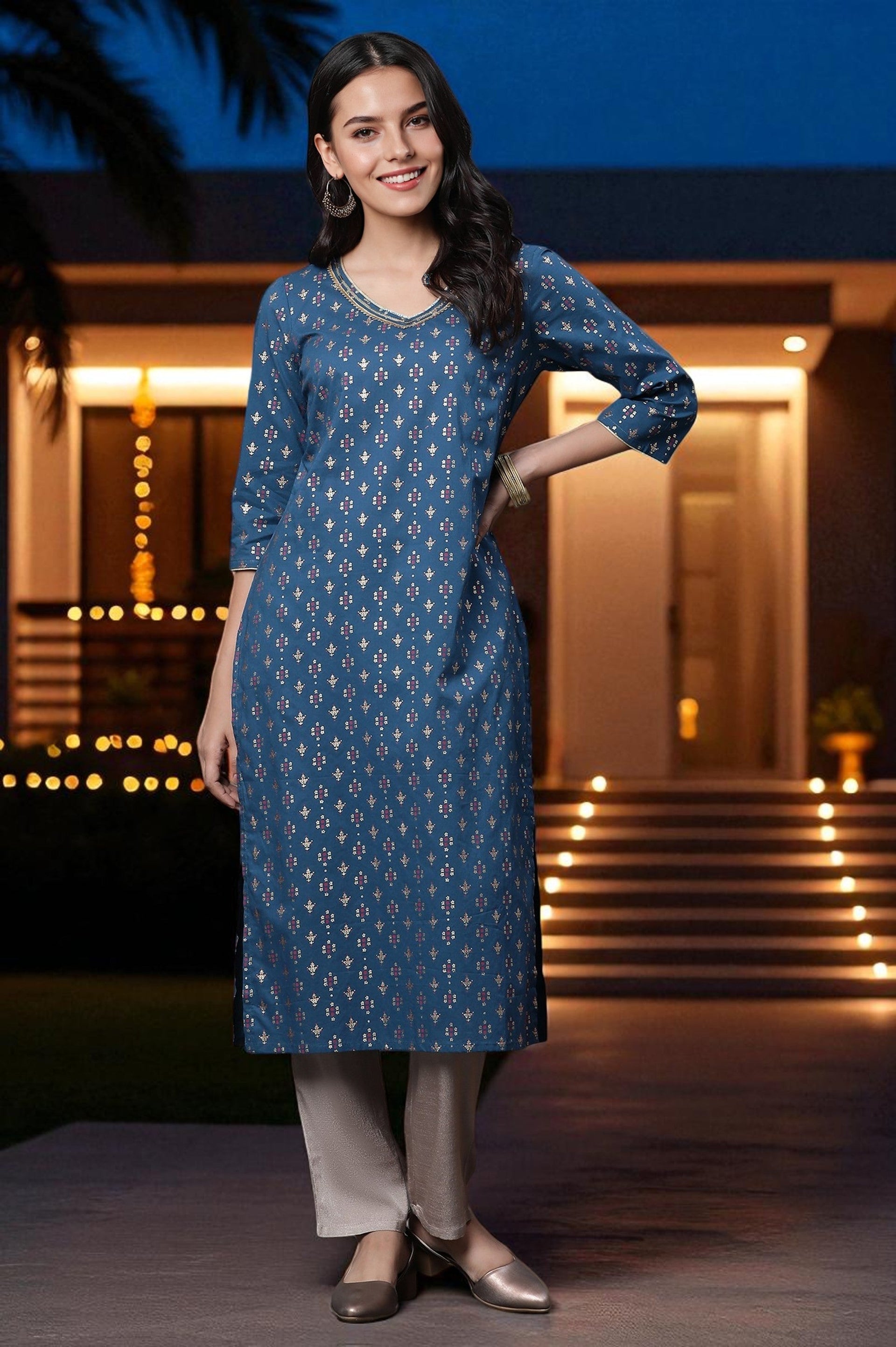 Blue Embellished Straight Kurta
